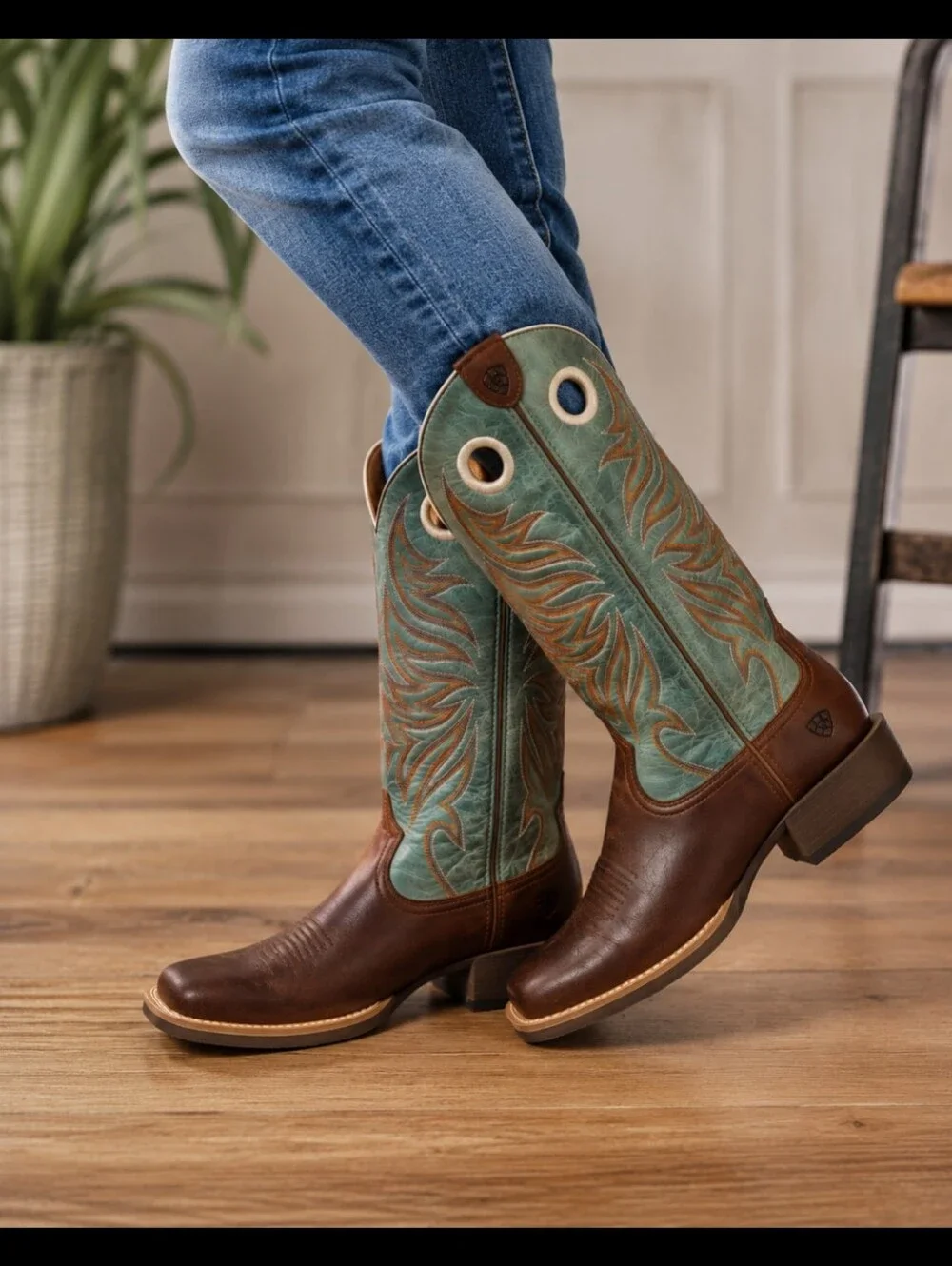Ariat Round Up Rider Western Cowboy Boots Brown & Teal Leather Embroidered Women - Picture 2 of 9